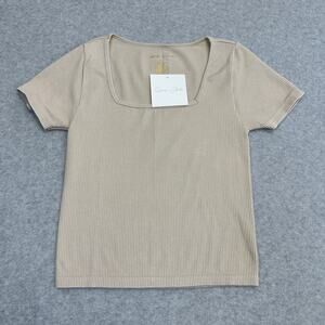 Gypsy & Jade Semi-Crop T-Shirt WMNS S Tan Square Neck Ribbed Knit Short Sleeve